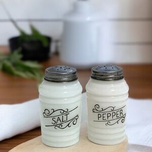 Vintage 1940’s Hazel Atlas Black Scroll Milk Glass Salt & Pepper Shakers